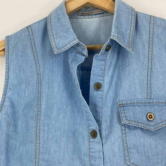 Denim sleeveless chambray lightweight button front short dress or tunic Large - Picture 2 of 14